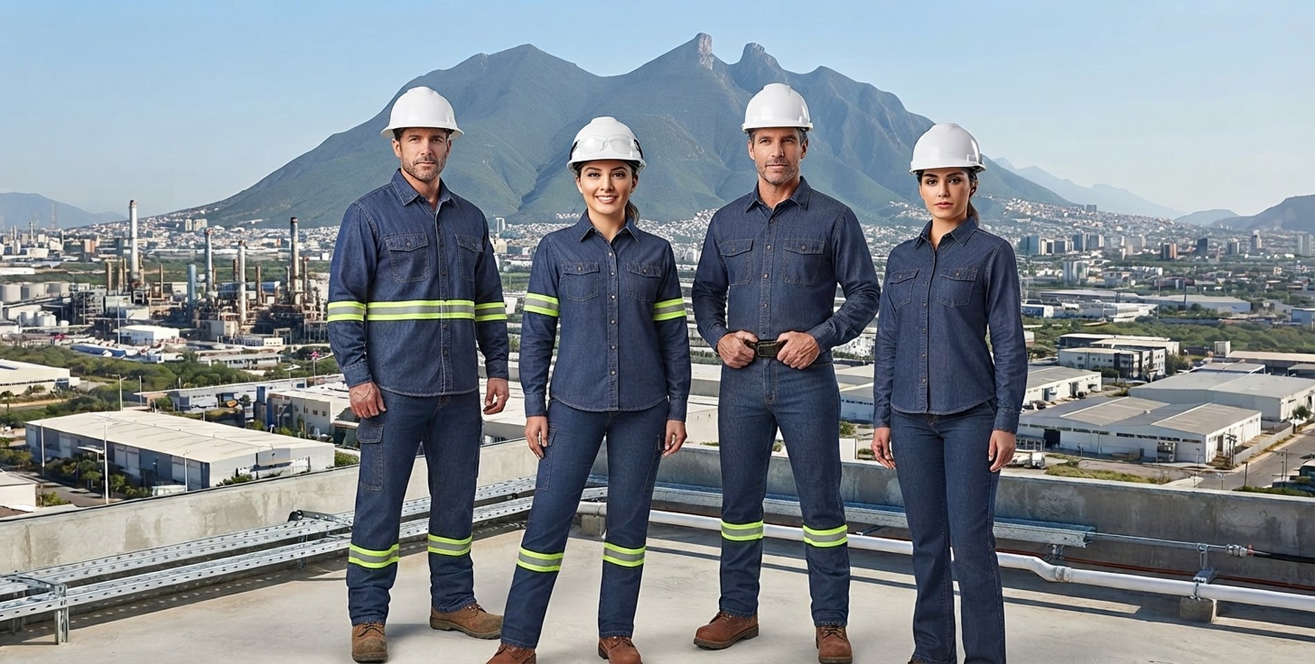 Equipo de trabajo con uniformes de mezclilla y cintas reflejantes frente al Cerro de la Silla, en Monterrey